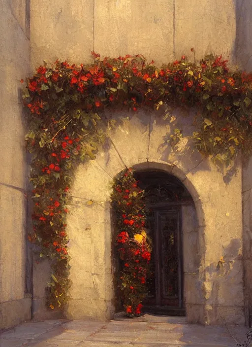 Image similar to wreath on new york apartment building door, artwork by gaston bussiere, craig mullins, trending on artstation