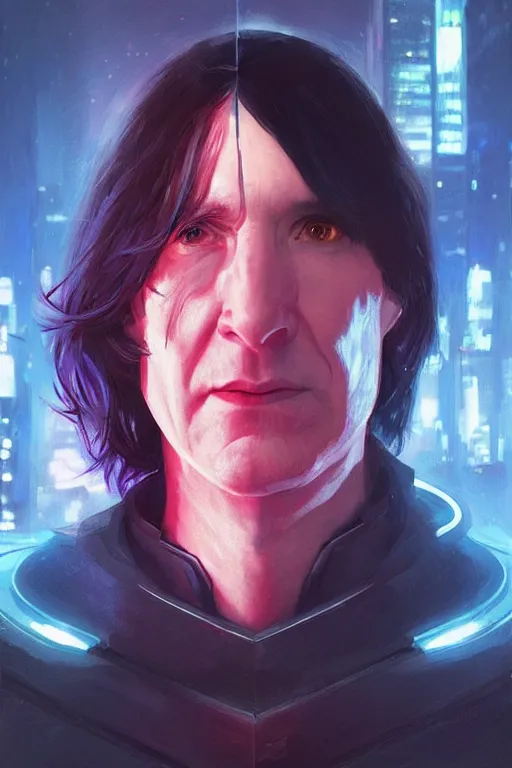 Image similar to portrait of cyborg severus snape in cyberpunk, neon lighting, night city, digital art from artstation by Ruan Jia and Mandy Jurgens and Artgerm and william-adolphe bouguereau and Greg Rutkowski