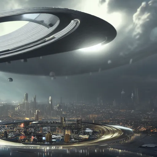 Prompt: wide shot of a near-future city with dark thick storm clouds in the sky. The massive ring spaceship is encircling the entire city. The ring spaceship is spinning fast. Sunbeams shine through the ring spaceship. realistic, 4k render, unreal engine, photorealistic, detailed, extreme detail, ridley scott