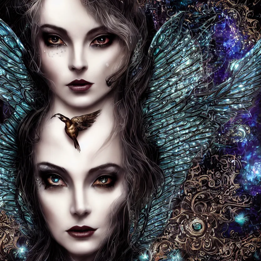 Image similar to close up portrait on the enchanting femenine witch, hyper attractive, seductive, very complex, hyper-maximalist, overdetailed, legendary cinematic, darkfantasy, archetype with timeless beauty breathtaking eyes & glowing wings, collossal moon rising behind her with bird shadows, highly intricate, digital art, very elegant, HDR 8K, biblical art, realism, incomprehensible yet perspicious detail, unbeatable quality, silent hill aesthetic, photorealistic, lifelike, DSLR 8k, unbeatable coherency, Omnious intricate, octane render, created Nixeu & z--ed from deviantart