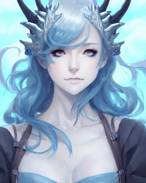 Image similar to character concept art of a woman with ice dragon horns and wings | | very anime, dragon scales, cute - fine - face, pretty face, realistic shaded perfect face, fine details by stanley artgerm lau, wlop, rossdraws, james jean, andrei riabovitchev, marc simonetti, and sakimichan, tranding on artstation