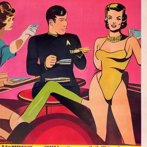 Prompt: three people watching star trek. a muscular man with great hair, lean man with great hair, and a blonde curvy woman smoking cigars and holding glasses of gin. flamingo wallpaper behind them. 1 9 5 0 s playboy centerfold, high color, detailed,