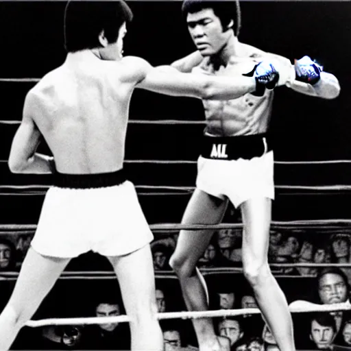 Image similar to bruce lee vs muhammad ali, arena fight, boxing ring