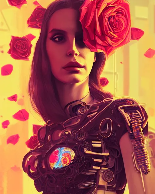 Image similar to portrait of lana del rey as a cyberpunk cyborg. sci - fi intricate abstract upper body intricate artwork, roses, rose petals by tooth wu, wlop, beeple, dan mumford. concept art, octane render, trending on artstation, greg rutkowski, asymmetrical, cinematic arthouse, key art, hyper realism, iridescent accents