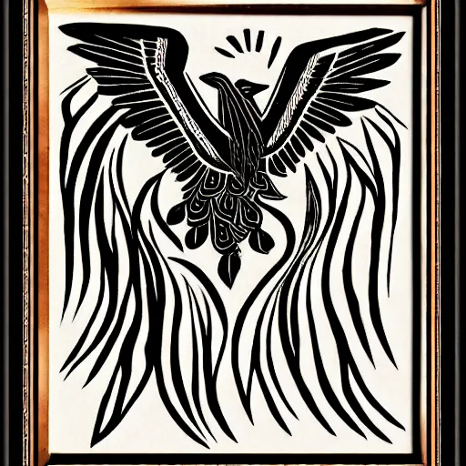 Image similar to a bird rising above the flames, mexican folk art, native american folk art, relief engraving, framed art, simple, deep black shading, mild expressionism, award winning