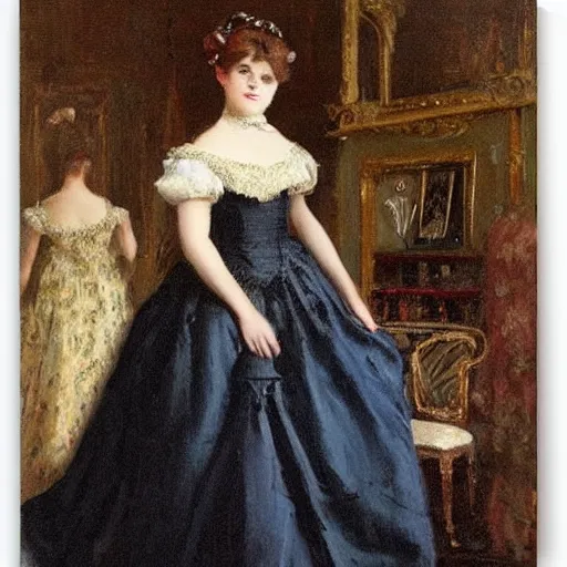 Prompt: young victorian lady shopping for ball gowns, painted by alfred stevens