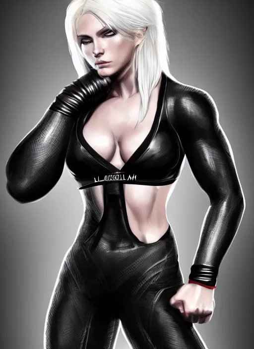 Prompt: a highly detailed illustration of fierce beautiful platinum blonde woman wearing black mma gear, dramatic cocky smile pose, muscular, perfect face, perfect body, intricate, elegant, highly detailed, centered, digital painting, artstation, concept art, smooth, sharp focus, league of legends concept art, wlop