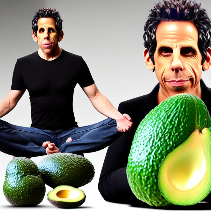 Prompt: ultra realistic illustration of ben stiller in the shape of an a ocado, in the lotus position meditating with closed eyes, balancing stack of avocado