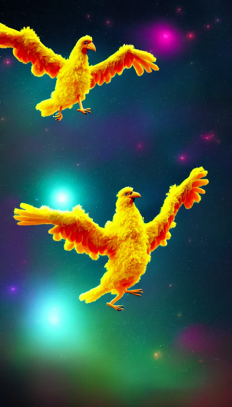 Prompt: highly detailed photo of only one colorful big bird flying in the dark space, all birds head and eye are visible, hyper realistic, concept art, 8 k detail post - processing