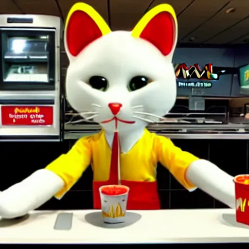 Image similar to photo of anthropomorphic cat working for mcdonalds