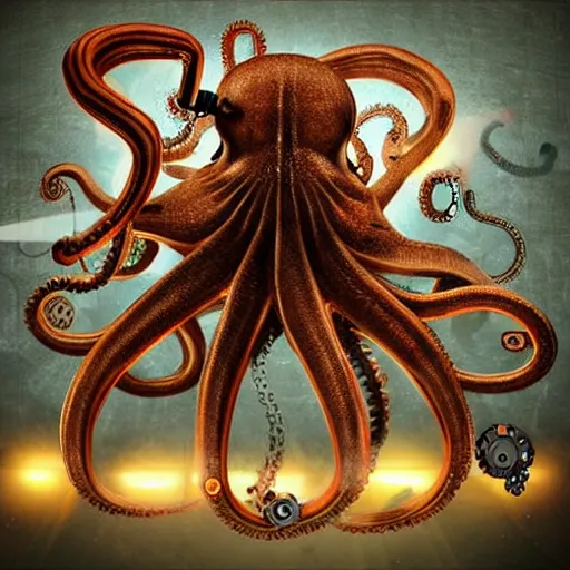 Prompt: steampunk octopus with headphones playing synthesizers, lights, lasers, music, highly detailed, realistic,