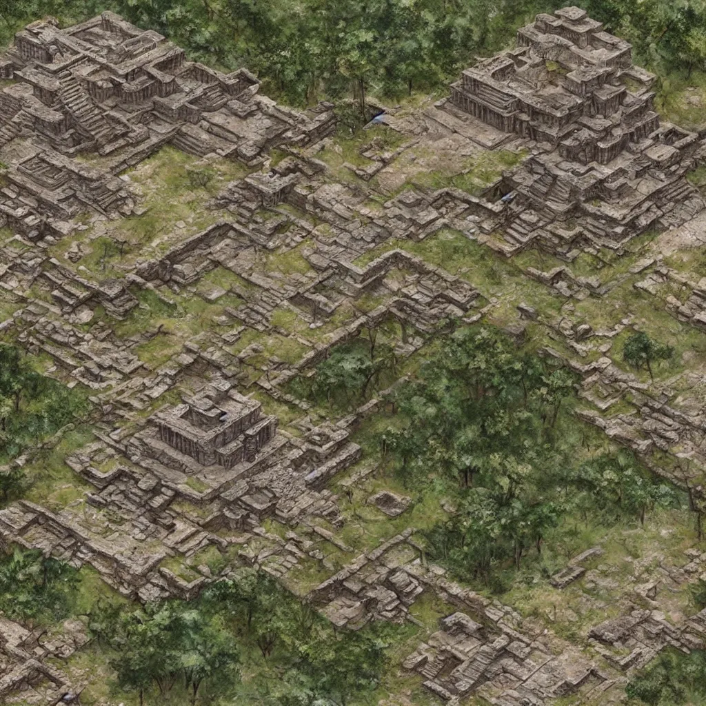 Image similar to Detailed map of ancient mayan ruins in a 2.5D video game, by Greg Rutkowski