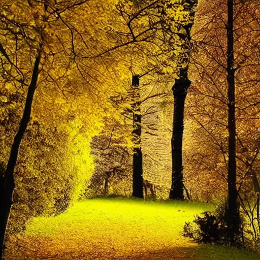 Image similar to Autumn night, Full moon,, path surrounded by trees with yellow leafs, beautiful