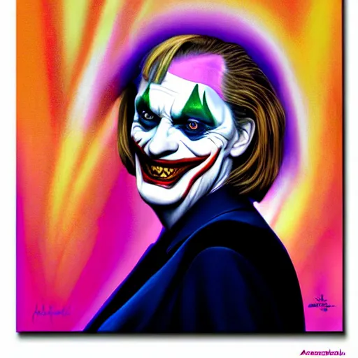 Image similar to angela merkel is the joker, airbrush art, drew struzan illustration art, key art, portrait