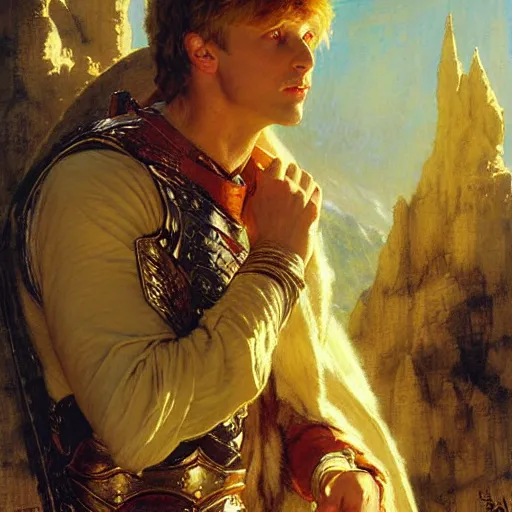 Image similar to handsome arthur pendragon in love with handsome merlin the mage. merlin is also in love with arthur. highly detailed painting by gaston bussiere, craig mullins, j. c. leyendecker