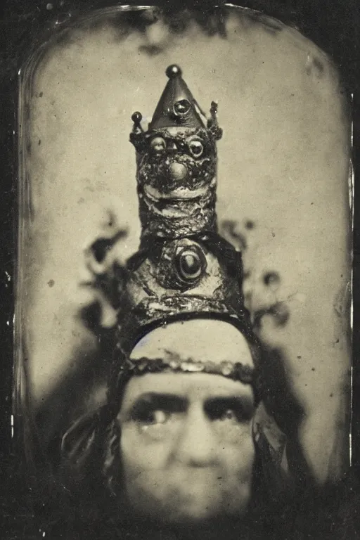 Image similar to a wet plate photo of an anthropomorphic snake wearing a tiny jester crown