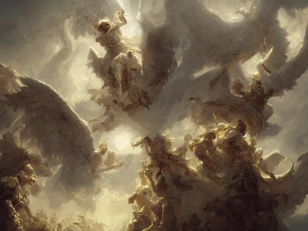 Image similar to a chorus of angels floating in the baroque era, hearthstone art style, epic fantasy style art by Craig Mullins, fantasy epic digital art, epic fantasy card game art by Greg Rutkowski