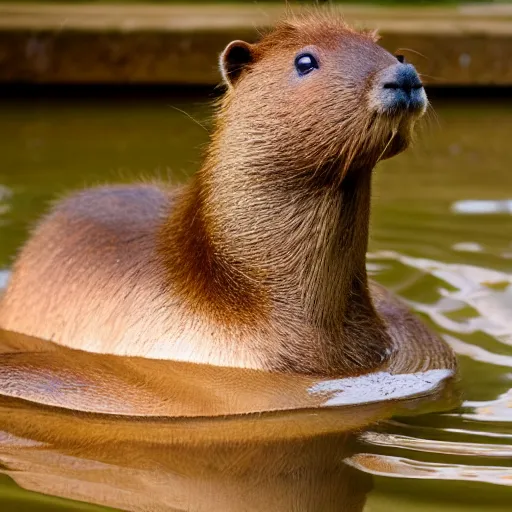 Image similar to photo of a capybara in a bathtub, with ducklings on it's head