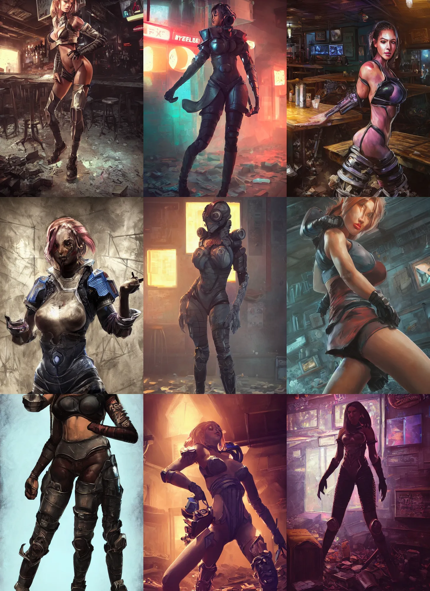 Prompt: hyper detailed ultra sharp full body matte character portrait of a woman in hextech armor standing in a destroyed dive bar doing an action pose, realistically proportioned face, cinematic lighting, good value control, smooth, realistic shading, realistic face details, smooth, highly detailed, digital painting, painted texture maps, illustration, painted texture maps, substance painter