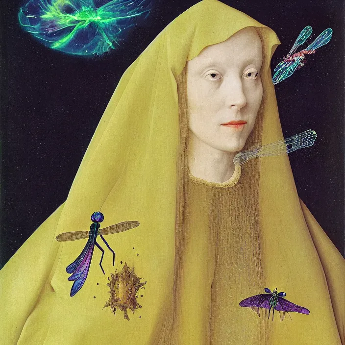 Prompt: a closeup portrait of a cloaked woman floating next to a dragonfly nebula, dragonfly nebula, by jan van eyck