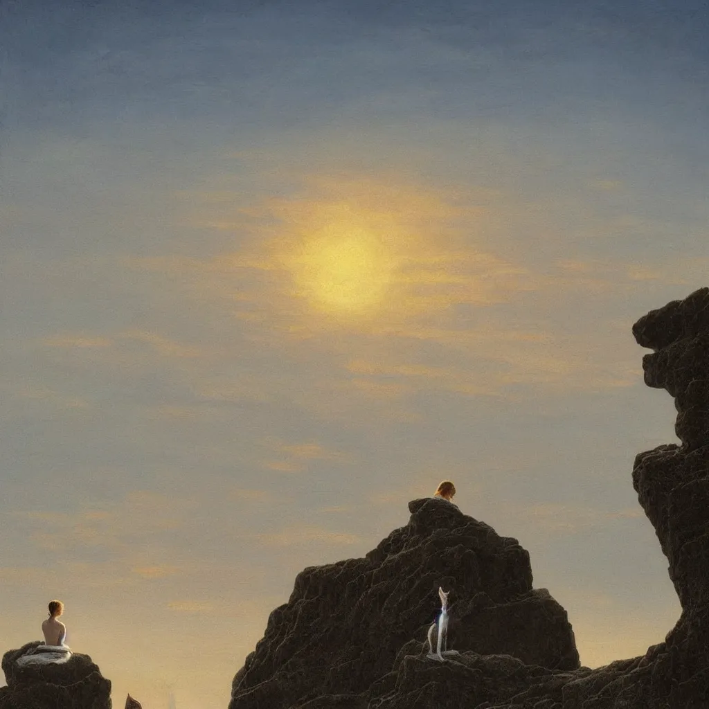 Prompt: an android girl with a white cat by caspar david friedrich, in the sunset ， sitting on the edge of the cliff looking at the sea ， clean, pure, elegant, highly detailed, digital painting, artstation, concept art, smooth, sharp focus, illustration,