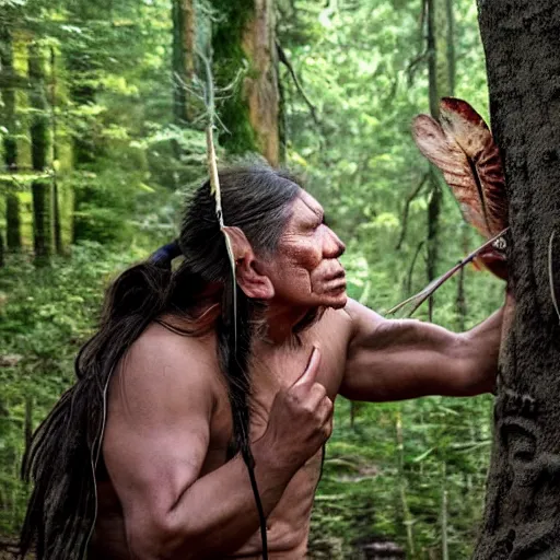 Prompt: Native American warrior throwing pocket sand into face of the Predator alien, beautiful forest