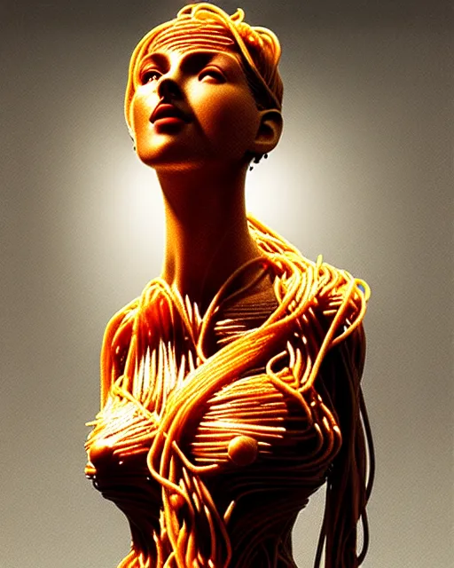 Prompt: statue of a woman, made of spaghetti, with tomato sauce, spotlight, backlit, diffuse lighting, fantasy, intricate, elegant, highly detailed, lifelike, photorealistic, artstation, illustration, concept art, sharp focus, art by john collier and albert aublet and krenz cushart and artem demura and alphonse mucha