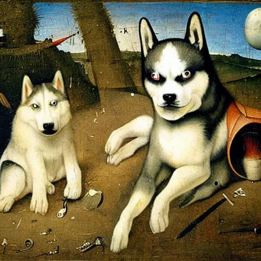 Image similar to a cute husky painted by hieronymus bosch