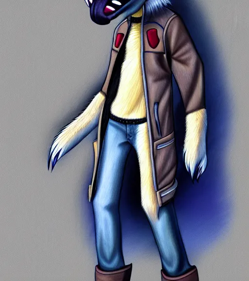 Image similar to expressive stylized master furry artist digital colored pencil painting full body portrait character study of the sergal wolf fursona animal person wearing clothes jacket and jeans by master furry artist blotch