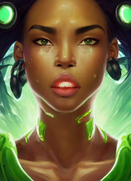 Image similar to senna from league of legends, au naturel, hyper detailed, brown skin, glowing green neon eyes, wearing white jacket, digital art, trending in artstation, cinematic lighting, studio quality, smooth render, unreal engine 5 rendered, octane rendered, art style by klimt and nixeu and ian sprigger and wlop and krenz cushart