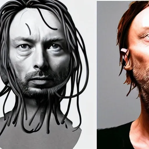 Image similar to thom yorke face made off spaghetti,