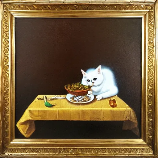 Image similar to cat eating dinner alone, Rococo oil painting