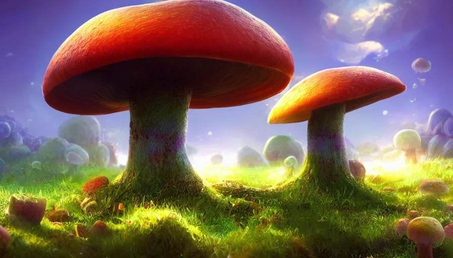 Prompt: A highly detailed digital art painting of a caustic poison mushroom landscape by from software, Makoto Shinkai, by Artgerm, by beeple, volumetric lighting, octane render, 4K resolution, trending on artstation, masterpiece, vivid colours