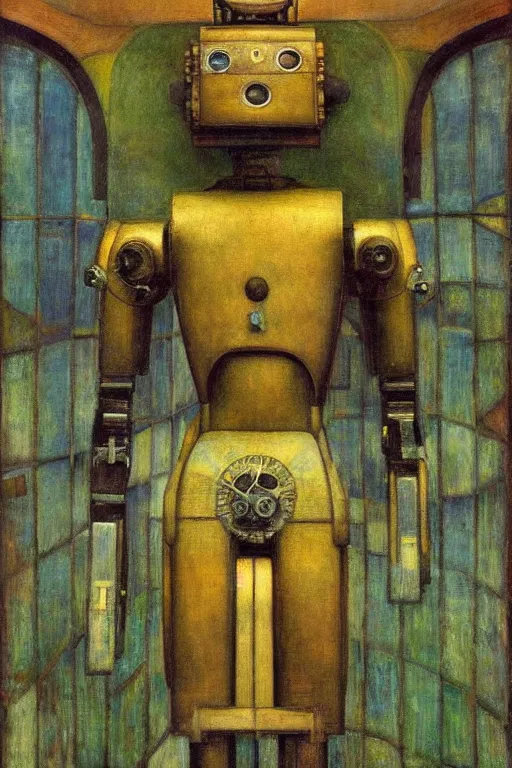 Prompt: the robot wearing his electric crown stands by the window , by Annie Swynnerton and Diego Rivera and Elihu Vedder, symbolist, dramatic lighting, elaborate geometric ornament, Art Brut, soft blues and greens,smooth, sharp focus, extremely detailed, Adolf Wölfli and Evelyn De Morgan