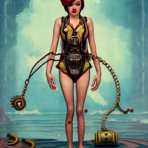 Image similar to lofi steampunk bioshock swimming suit, Pixar style, by Tristan Eaton Stanley Artgerm and Tom Bagshaw.