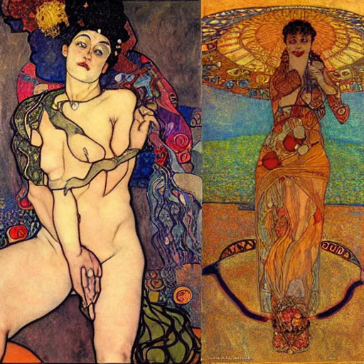 Image similar to a goddess of transcendential consciousness, contrapposto, egon schiele, gustav klimt, alphonse mucha, retro futurism