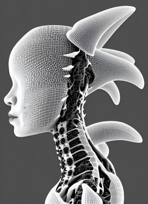 Image similar to a black and white 3D render of a beautiful portrait of a young female angelic-dragon-cyborg face with a very long neck, 150 mm, orchids, Mandelbrot fractal, anatomical, flesh, facial muscles, veins, arteries, full frame, microscopic, elegant, highly detailed, flesh ornate, elegant, high fashion, rim light, ray trace, octane render in the style of H.R. Giger and Man Ray, Realistic, Refined, Digital Art, Highly Detailed, Cinematic Lighting, rim light, black and white, photo-realistic Unreal Engine, 8K