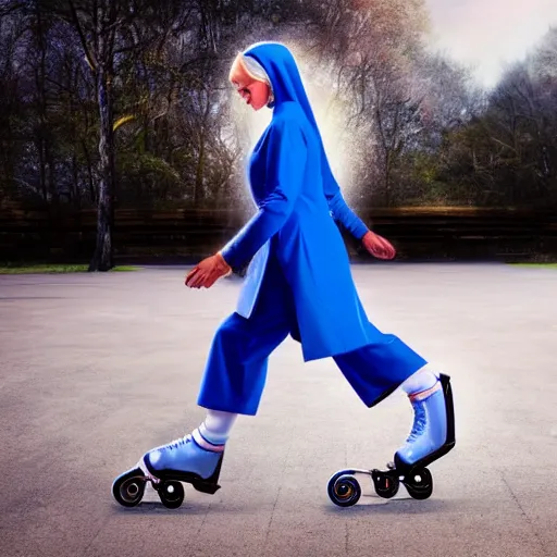 Image similar to blonde nun in blue clothes on roller skates, photorealistic