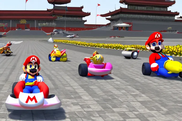 Image similar to mario kart in tiananmen square, ingame screenshot, highly detailed