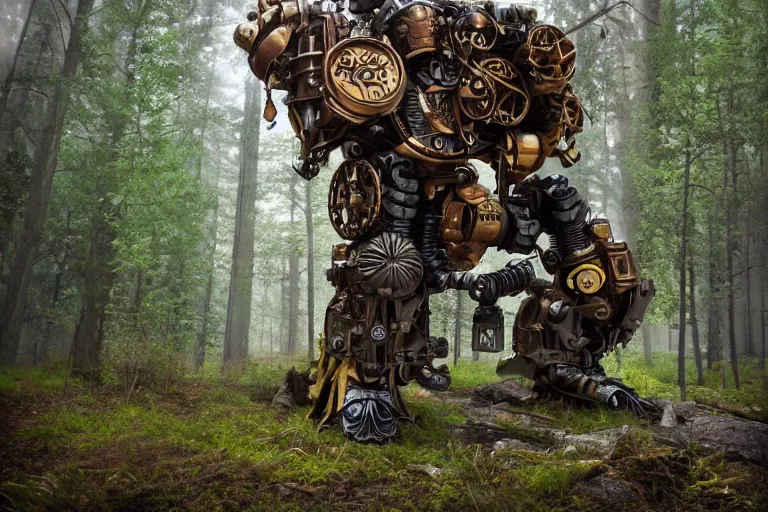 Prompt: steampunk colossal mech standing in a swedish forest, very low angle photograph, trending on artstation