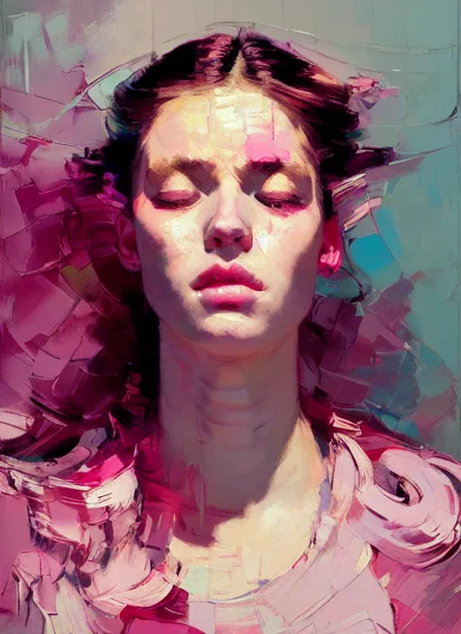 Image similar to portrait of a beautiful girl, eyes closed, open mouth, strong emotions, shades of pink, beautiful face, rule of thirds, intricate outfit, spotlight, by greg rutkowski, by jeremy mann, by francoise nielly, by van gogh, digital painting