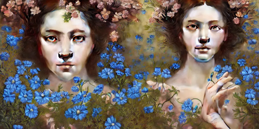 Image similar to breathtaking detailed concept art painting portrait of the goddess of nemophila flowers, orthodox saint, with anxious piercing eyes, ornate background, amalgamation of leaves and flowers, by hsiao - ron cheng, extremely moody lighting, 8 k