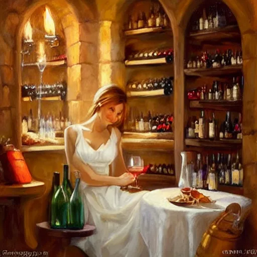 Image similar to wine cellar full of food, torches on the wall, schnapps, romantic, inviting, cozy, blonde woman, painting Vladimir Volegov