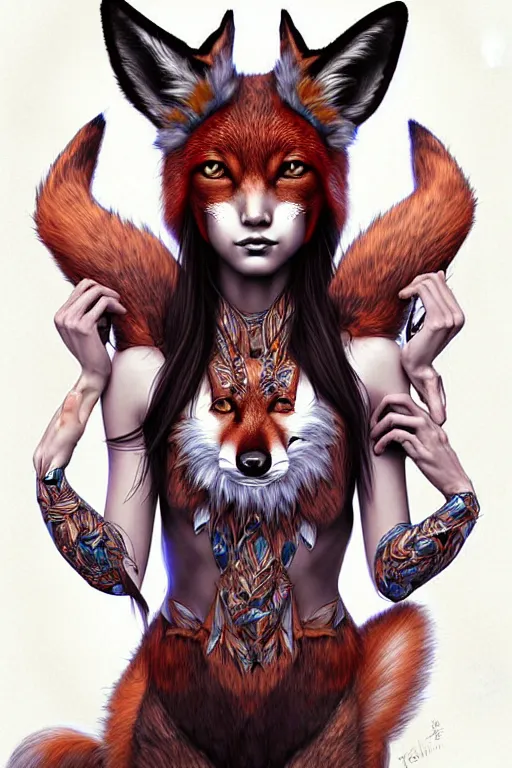 Image similar to digital art, centered full body girl with fox headdress ,intricate, veins, by James Jean and by artgerm , by ross tran, ultradetailed, charachter design, concept art, trending on artstation,