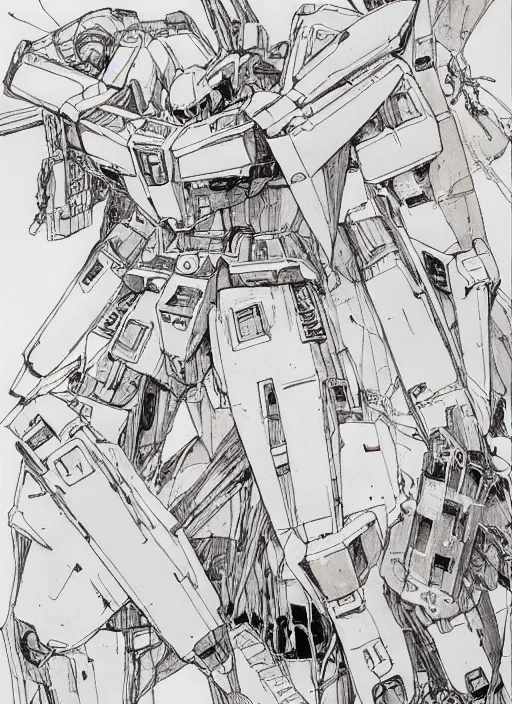 Image similar to gundam by kaethe butcher and moebius, details