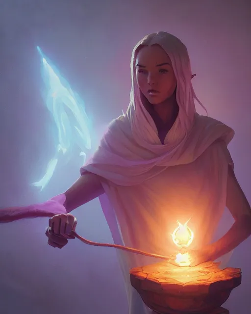 Image similar to highly detailed vfx portrait of a mage casting a light spell, unreal engine, greg rutkowski, loish, rhads, beeple, makoto shinkai and lois van baarle, ilya kuvshinov, rossdraws, tom bagshaw, alphonse mucha, global illumination, detailed and intricate environment