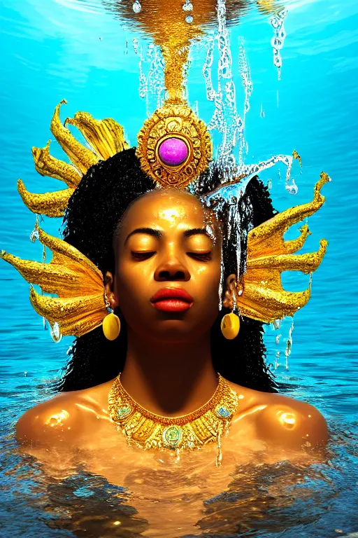 Image similar to hyperrealistic photorealist cinematic super expressive! oshun goddess immersed in water!, mirror dripping droplet, gold ornate jewely, highly detailed face, digital art masterpiece, smooth eric zener cam de leon, dramatic pearlescent turquoise light on one side, low angle uhd 8 k, shallow depth of field