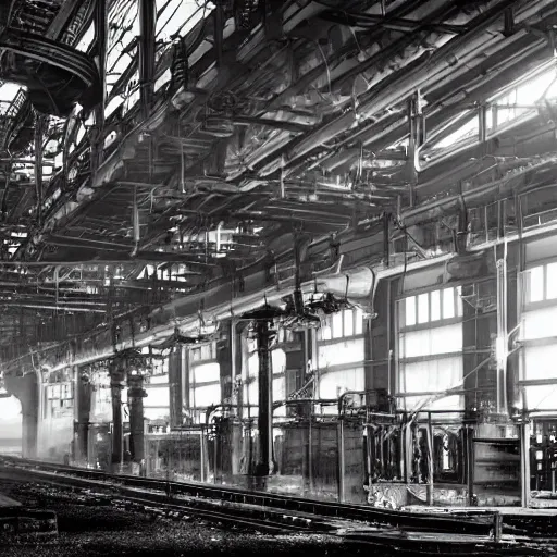 Image similar to an industrial age steam engine factory, photography