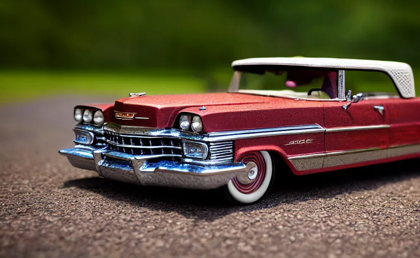 Image similar to photograph of fortnite jonesy 56 cadillac coupe de ville rustic, one point perspective, 1-point perspective, tilt shift, sigma 85mm f/1.4, 4k, depth of field, high resolution, 4k, 8k, hd, full color