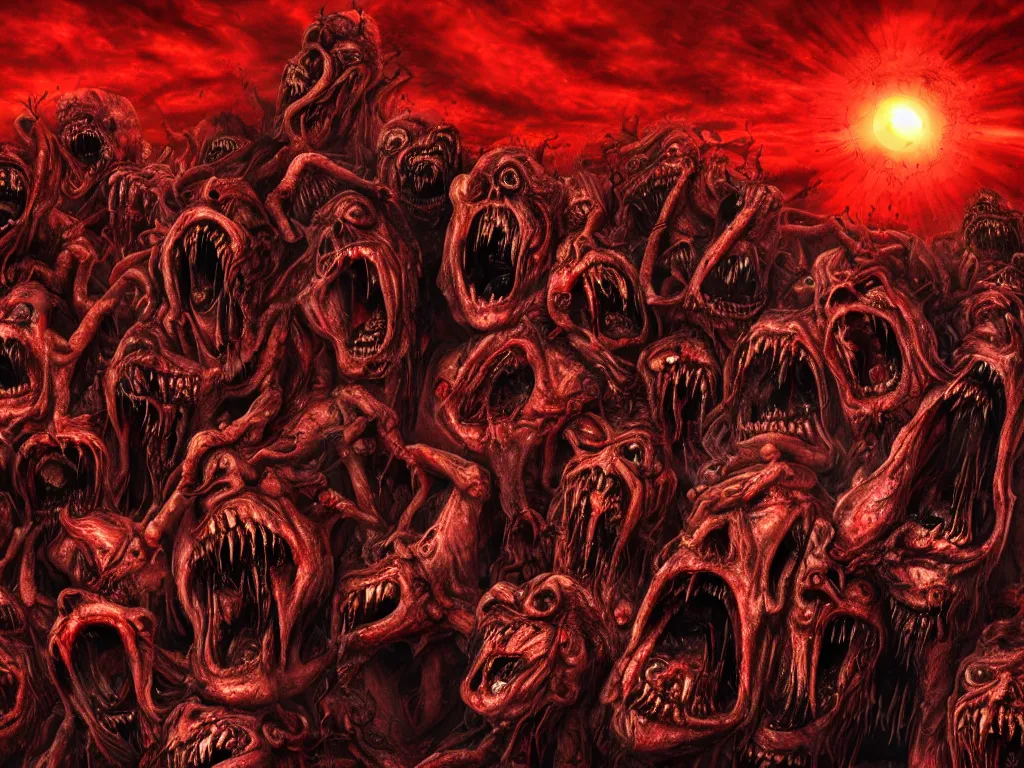 Prompt: twisted demonic creatures screaming, sun dripping liquid blood in the background, horror, hellish, grotesque, visceral, monstrosity, accursed, insanity, nightmare, High Definition detail, 8K